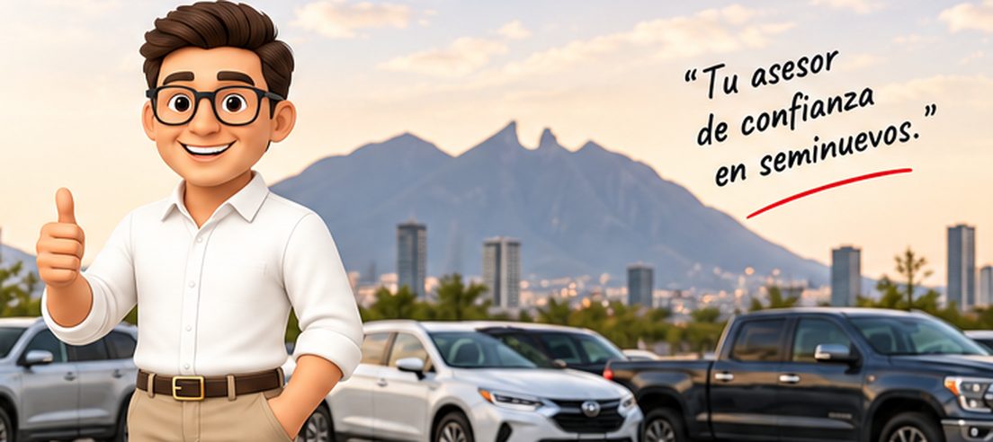 David, tu asesor de seminuevos, con autos y el Cerro de la Silla de fondo